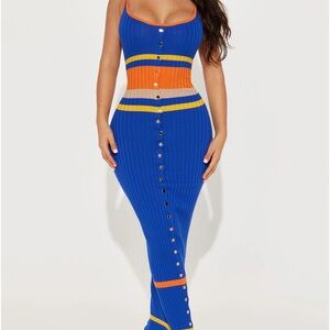 Fashion Nova Blue Orange Colorblock Stripe Maxi Dress